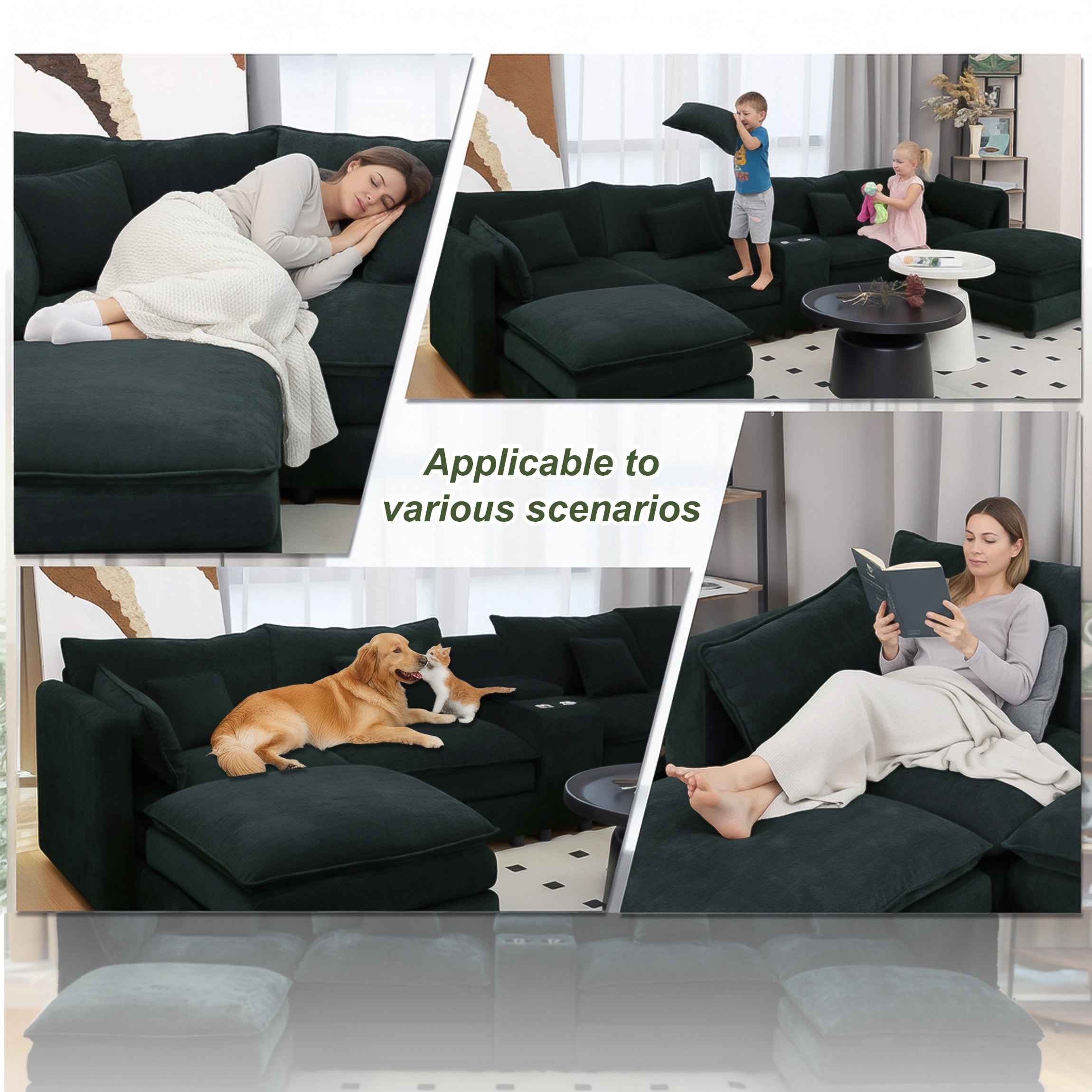 SOULART 144 U Shaped Couch Living Room Furniture - Black-gray Couch Cloud Modular Sectional Sofa with Ottoman, Chenille 6-Seat, Console & Cup Holders