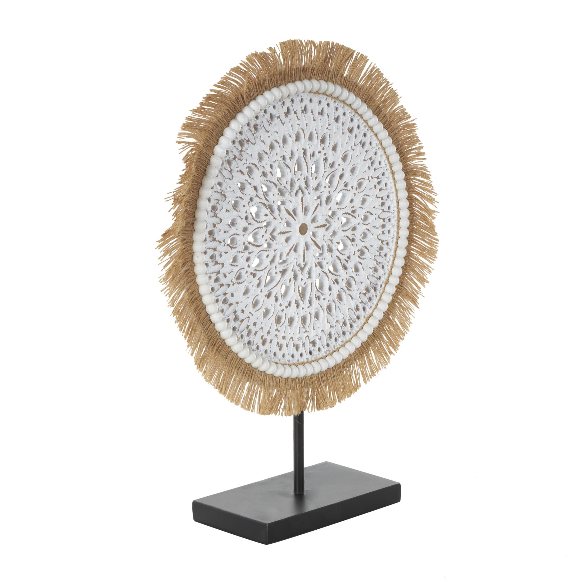 14" x 18" White Wooden Handmade Seagrass Fringed Tribal Sculpture with Black Base, by DecMode