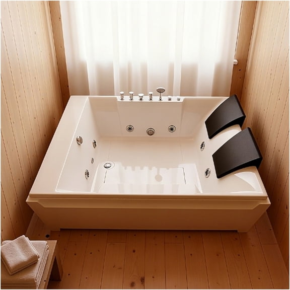 JERFIT 73" x 48" Acrylic 2-Person Whirlpool Bathtub with 8 Hydro Massage Jets, Chromatherapy Lighting, Left Drain & 3-Sided Apron