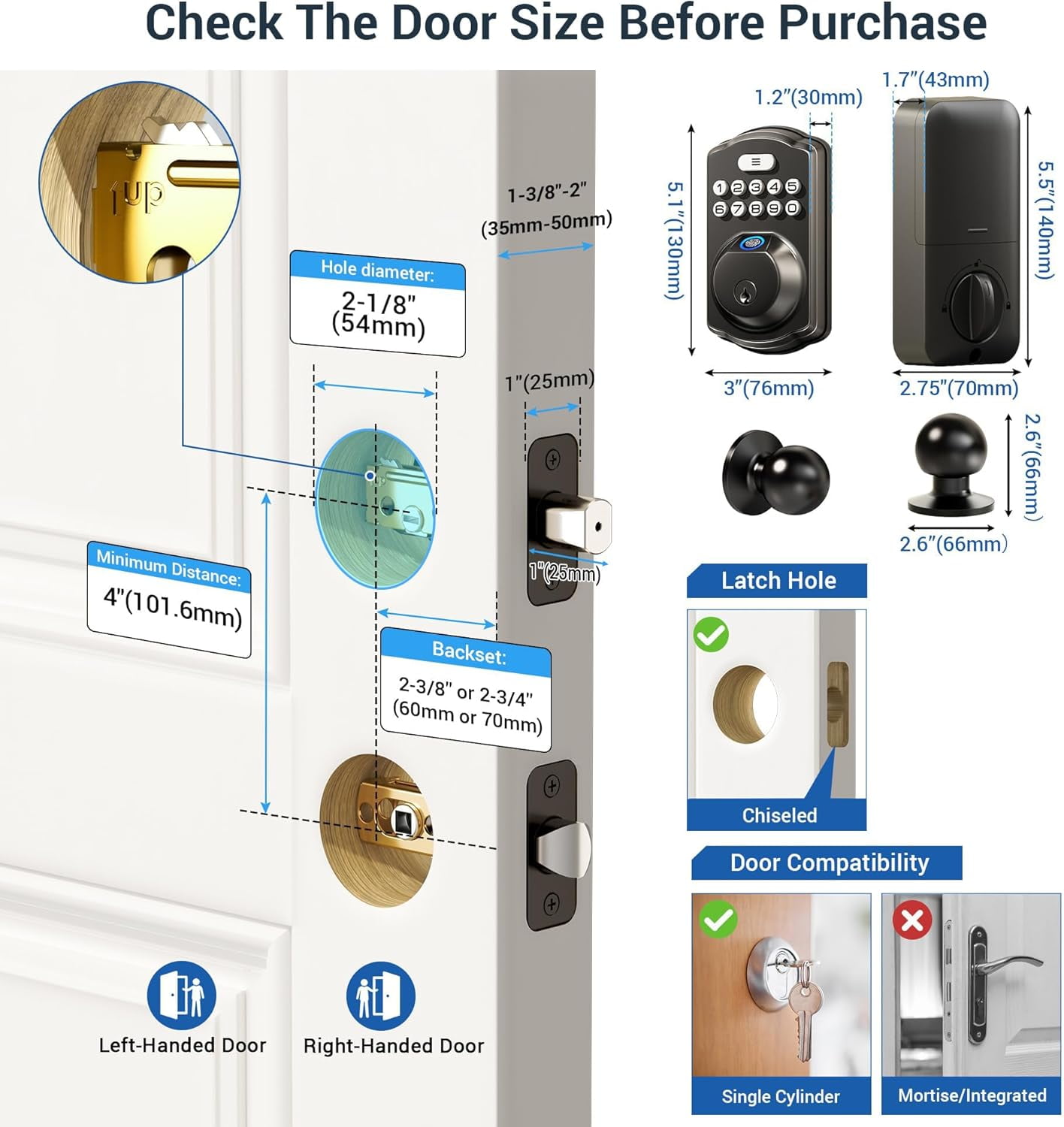 Veise Fingerprint Door Lock with 2 Knobs, Keyless Entry Door Lock with Knob, Electronic Keypad Deadbolt, Matte Black