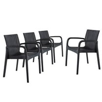 HomeRoots 565191 24 in. Black Faux Rattan Heavy Duty Plastic Outdoor Stacking Arm Chairs - Set of 4
