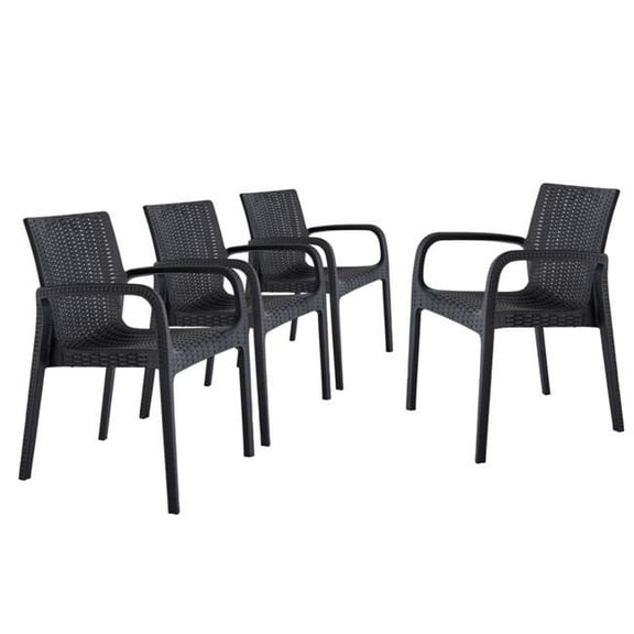 HomeRoots 565191 24 in. Black Faux Rattan Heavy Duty Plastic Outdoor Stacking Arm Chairs - Set of 4