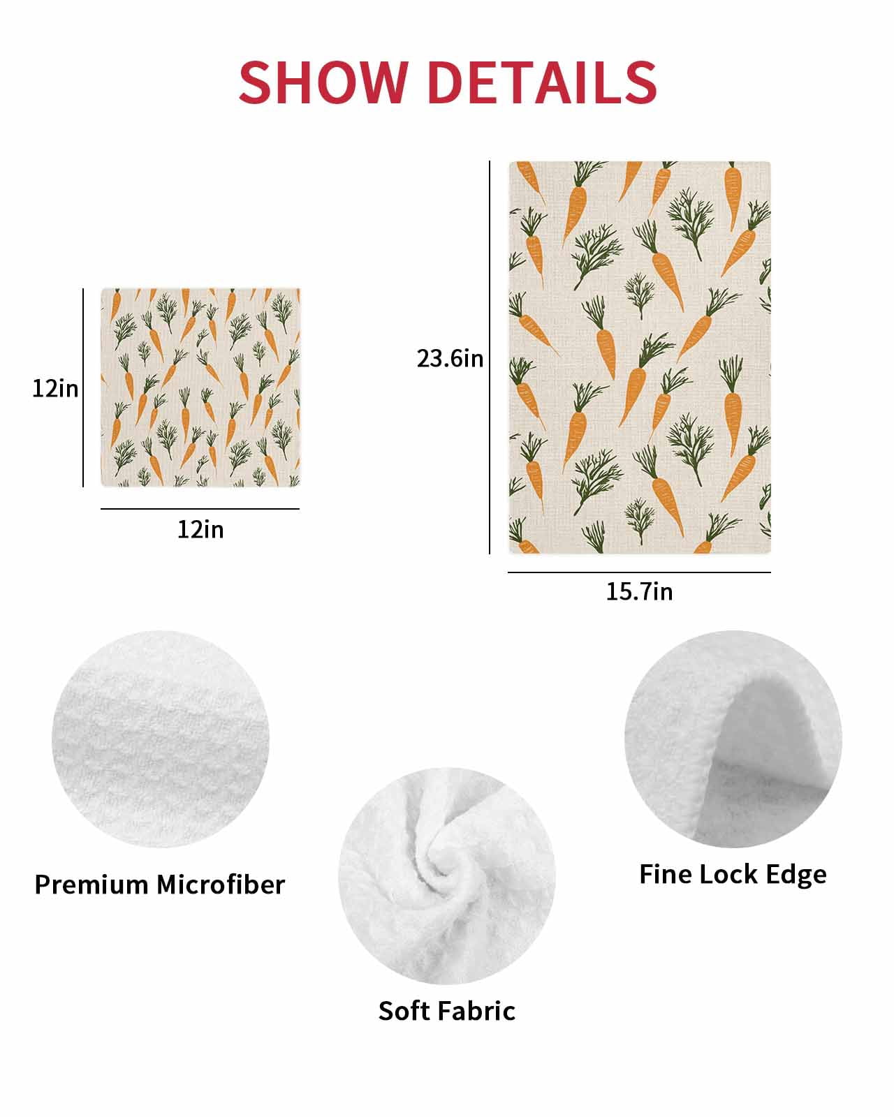 Carrots Easter Dish Towels Set, Waffle Weave Kitchen Towels 4 Pieces, Watercolor Orange Green Vegetable Rustic Microfiber Hair Face Bath Tea Towel Absorbent Quick Drying Cleaning Dish Cloths, 12"x12"