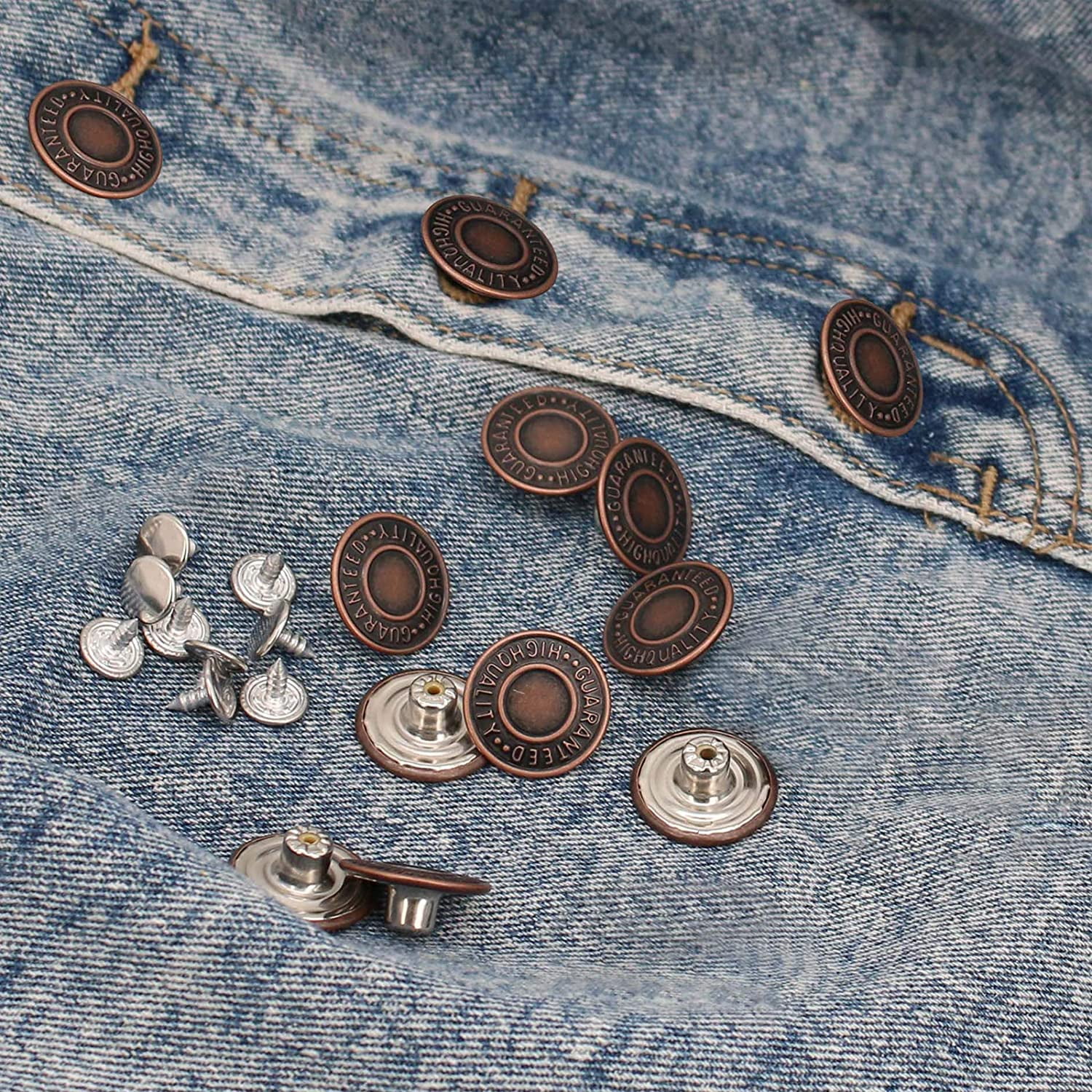 Jean Button Pins, 3/4inch Vintage No-Sew Instant Replacement Combo Copper Tack Buttons for Fake Denim, Suspender Pants, Cowboy Clothing Jacket with