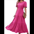 thumbnail image 1 of Vestido Bohemio Floral Fluido de Verano para Mujer, Informal, con Mangas y Volantes, Cuello Redondo, Cintura Fruncida y Rosa Roja M, 1 of 9