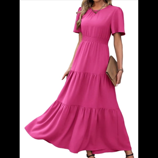 Vestido Bohemio Floral Fluido de Verano para Mujer, Informal, con Mangas y Volantes, Cuello Redondo, Cintura Fruncida y Rosa Roja M