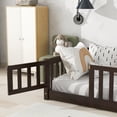 thumbnail image 3 of Twin Size Floor Bed for Kids, Wood Platform Bed with Fence and Door, Montessori Bed Frame with Slats Support, Playhouse Bed with Door Design, for Toddler, Boys,Girls,No Box Spring Needed,Espresso, 3 of 9