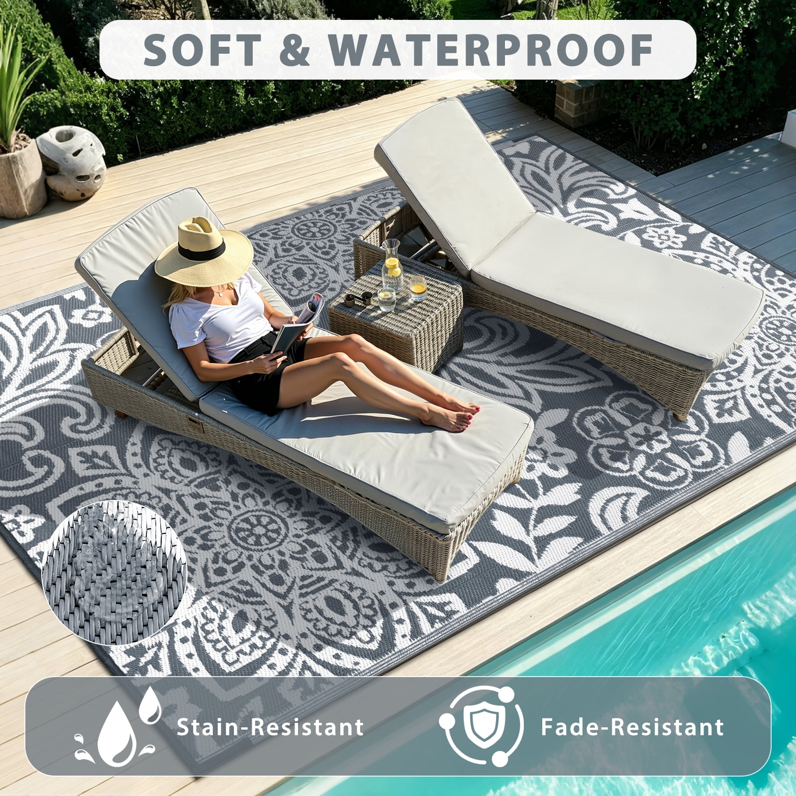 MJIAexp 9'x12' Gray Outdoor Rug Patio Rug Waterproof RV Outdoor Rug Camping Rugs Reversible Plastic Straw Rug Large Outdoor Mat for Camping, Balcony Apartment, Patio, Porch, Picnic, Beach