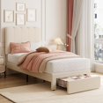thumbnail image 1 of Bouclé forrado tamaño individual marco de cama con almacenamiento cajón y cabecero - blanca, strong de madera slats support, noise-free, fácil montaje para girls, 1 of 5