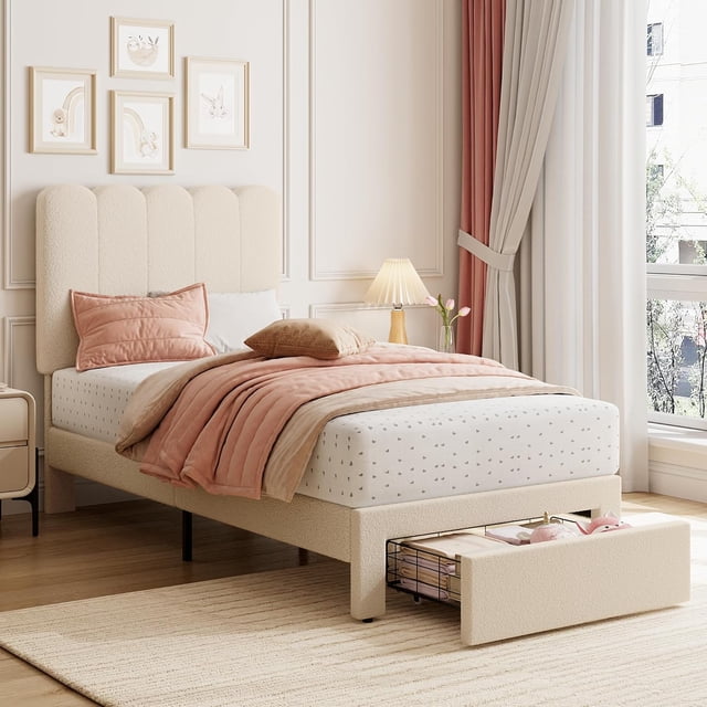 Bouclé forrado tamaño individual marco de cama con almacenamiento cajón y cabecero - blanca, strong de madera slats support, noise-free, fácil montaje para girls