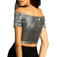 thumbnail image 3 of Unique Bargains Women's Off Shoulder Party Club Shiny Metallic Crop Top L Silver, 3 of 7