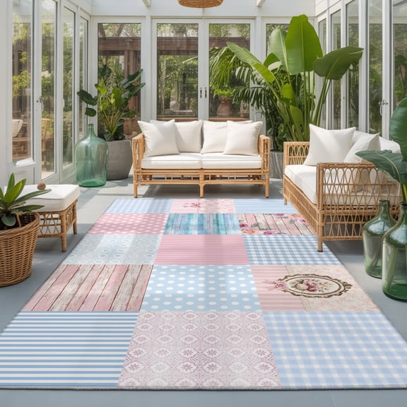 Patchwork Squares Washable Living Room Rugs 6'x9', Pink Blue Floral Wood Grain Bowknot Dots Washable Throw Large Area Rug Non-Slip Sturdy Edge Binding Carpet for Dining Room Kitchen Office