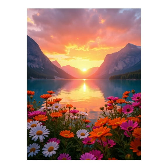 Diamond Art Kits for Adults, Sunset Mountain Lake Flowers 5D Diamond Painting Kits for Adults Beginners, DIY Full Drill Diamond Painting, Gem Art and Crafts 12x16
