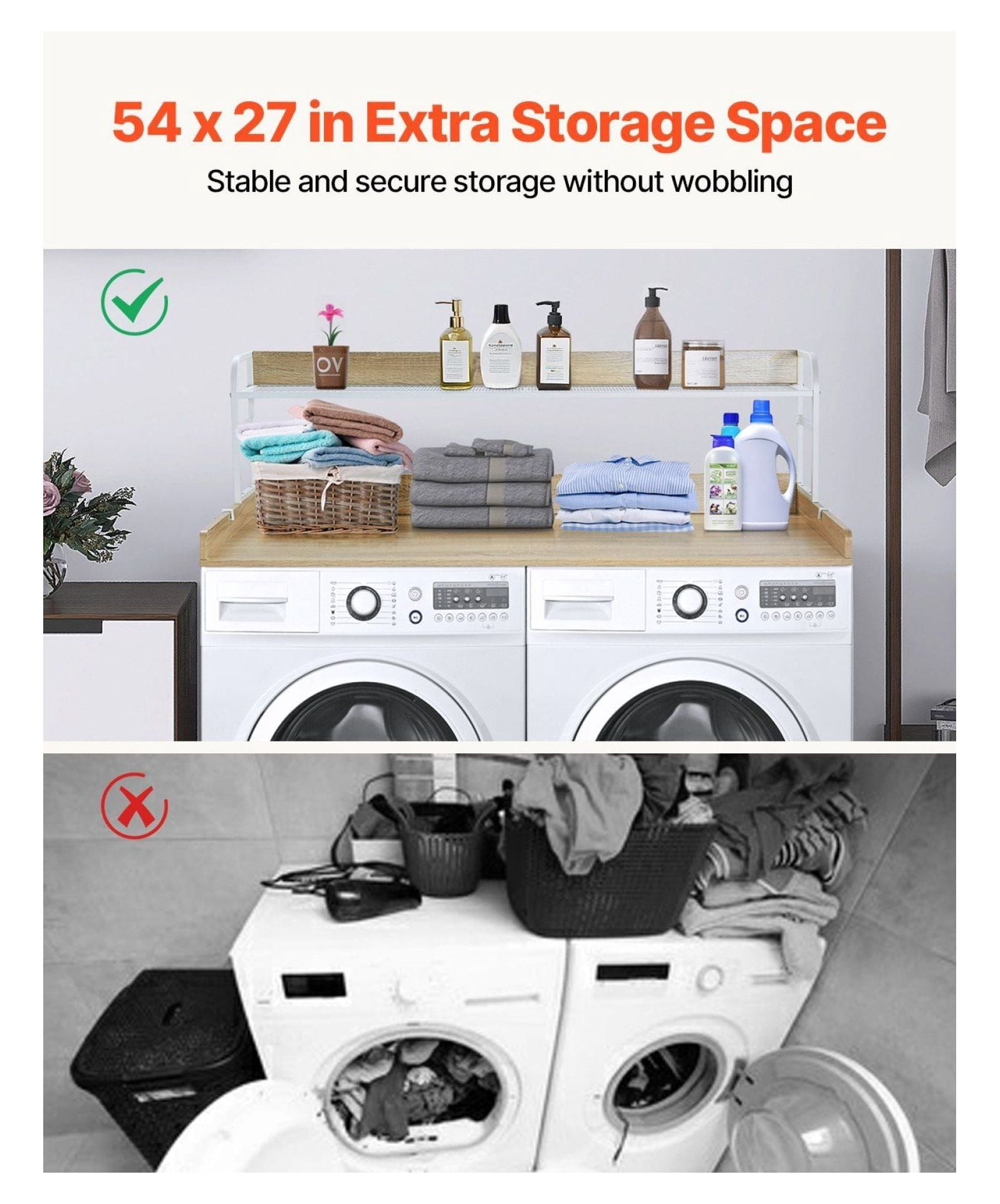 Washer Dryer Countertop 54x27", Laundry Topper with Shelf, Wooden Washer and Dryer Stand - Oak