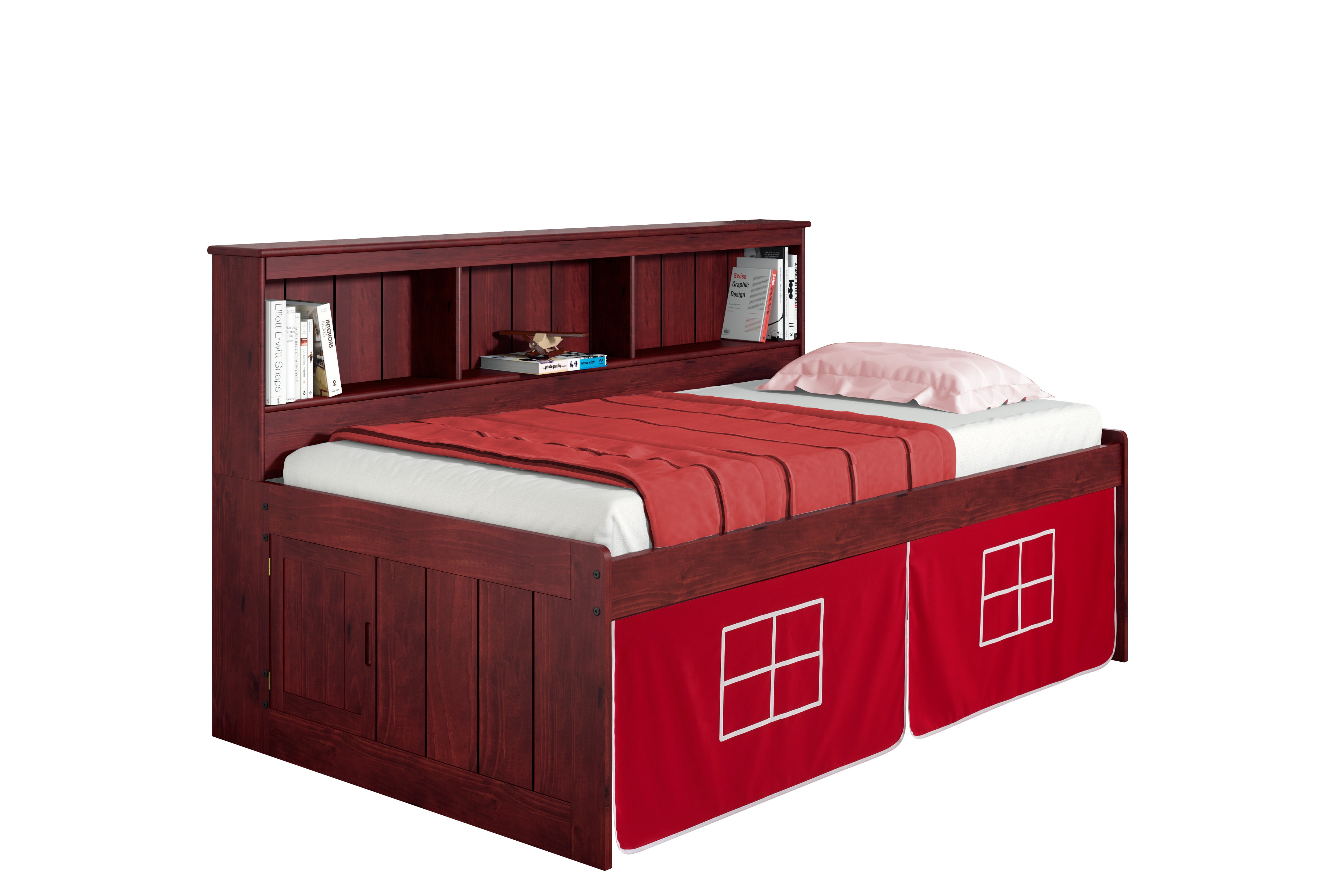 TWIN DAYBED BOOKCASE CAPTAINS BED IN MERLOT FINISH W/RED ...