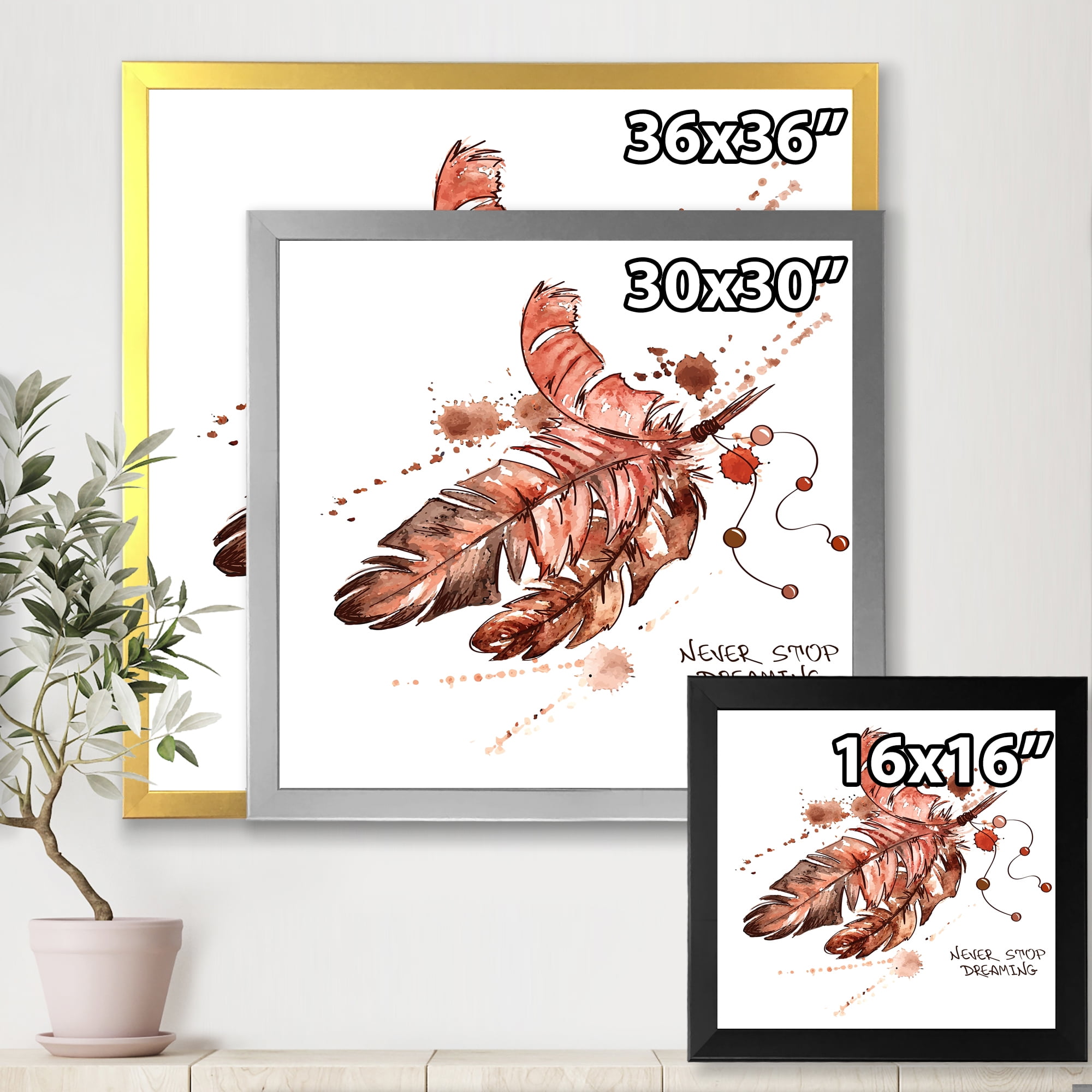 Designart 'Bird Feathers In Earth Tones Never Stop Dreaming' Bohemian & Eclectic Framed Art Print