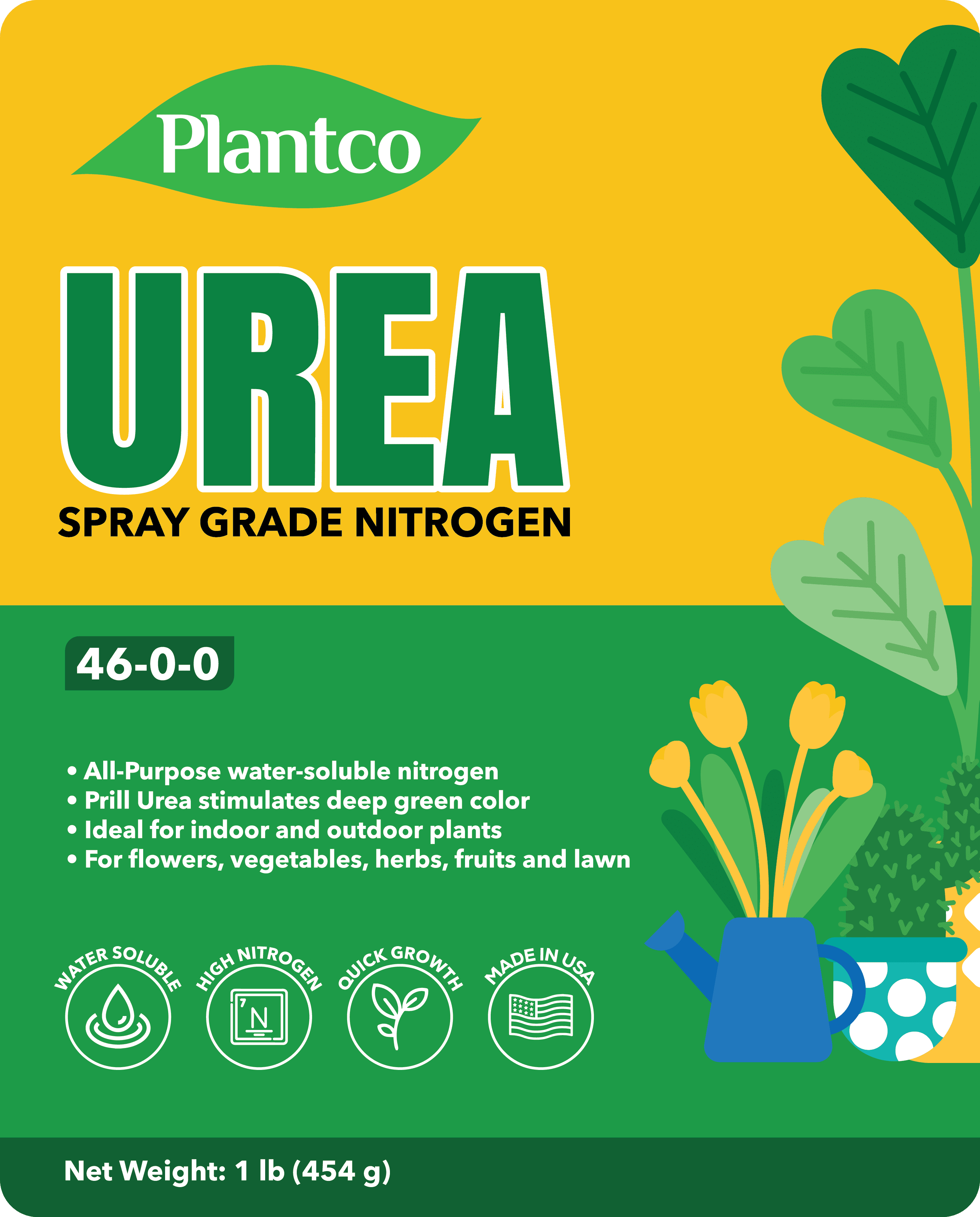 Plantco Urea Fertilizer 46-0-0 - Spray Grade, Water Soluble  Plant Food for Indoor & Outdoor Plants | Makes 36 Gallons of Foliar Spray and Liquid Urea Fertilizer