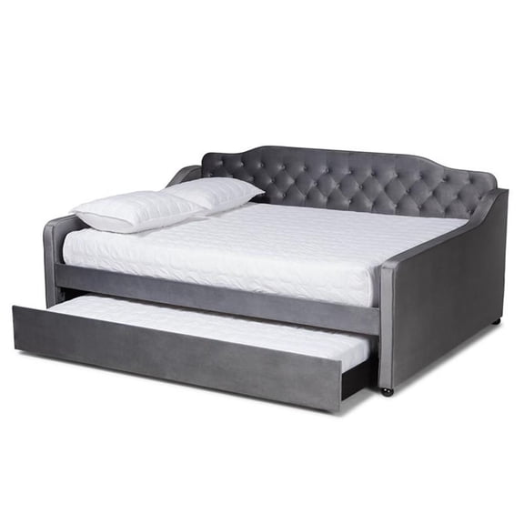 Baxton Studio Freda Gray Velvet Button Tufted Queen Wood Daybed with Trundle