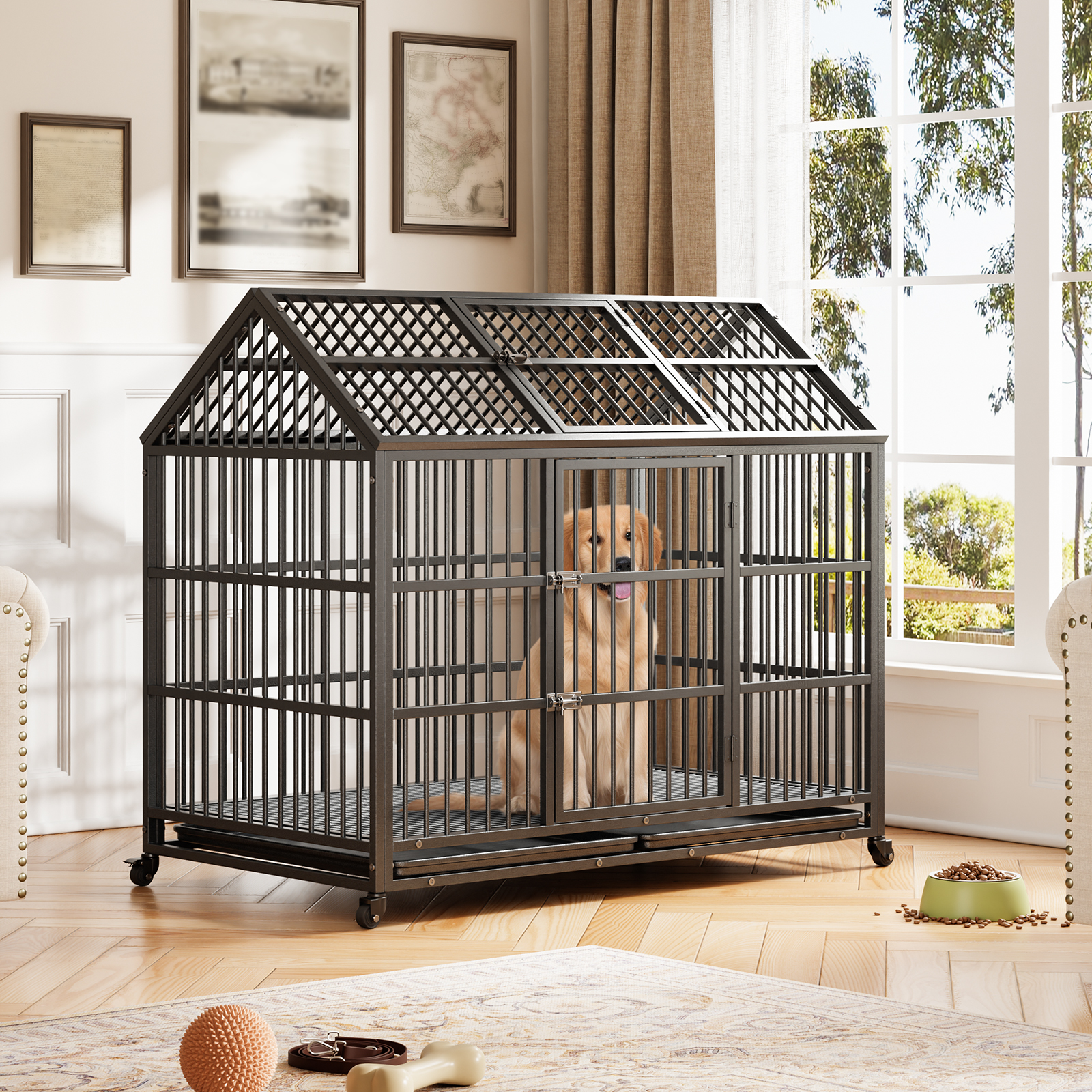 Escape-Proof Dog Cage 52 Inch - Heavy Duty Kennel with Double Doors & Tray