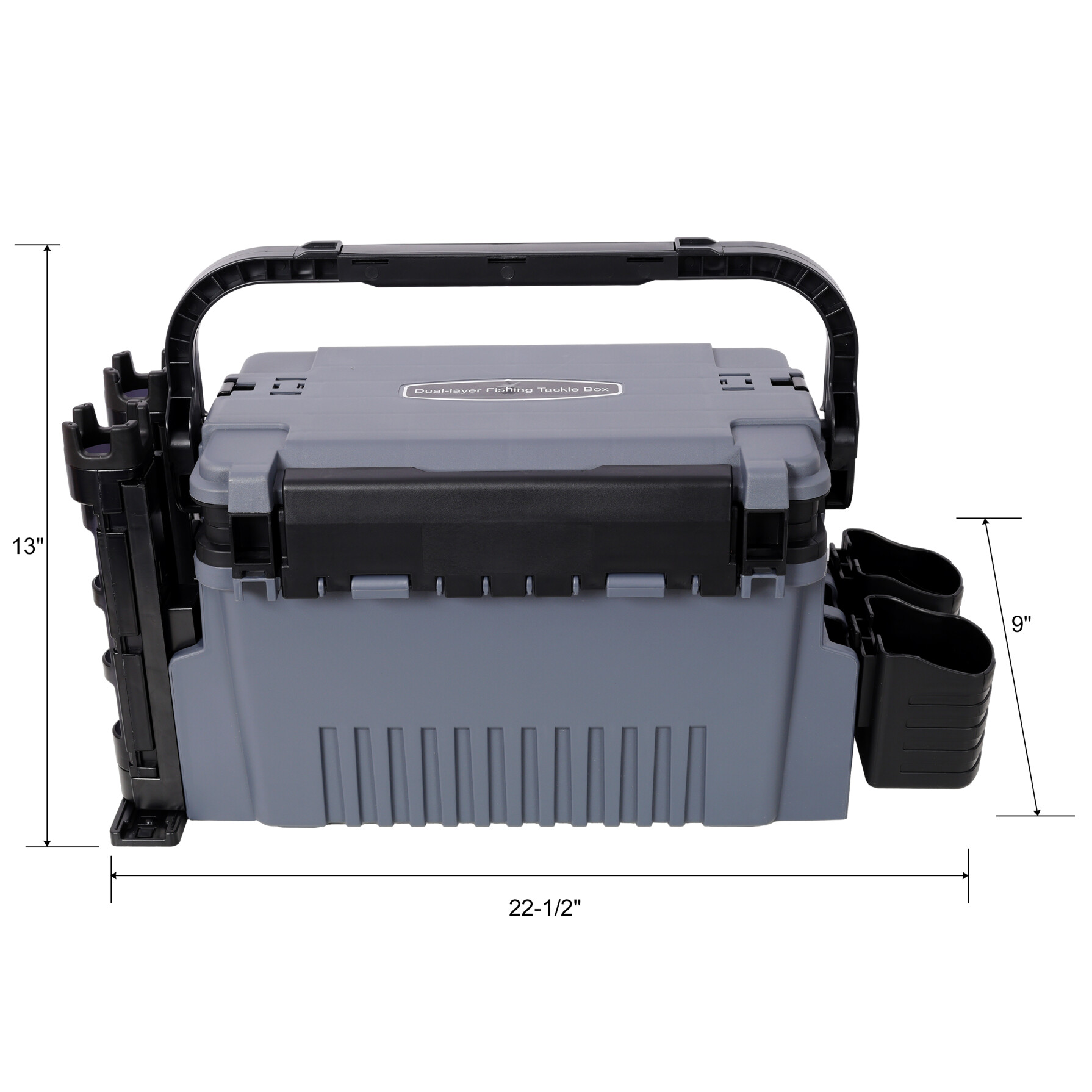 Dual-layer Fishing Tackle Box, Tackle Box Organizer with Rod Holders, Cup Holders and Carring Strap, Portable Tackle Box for Fishing Lure Storage Organization, Gray