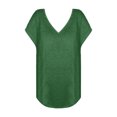 thumbnail image 4 of Green Womens Tops 2025 European and American Fashion Solid Color Slit V Neck Short Sleeved Ladies T Shirts for Women, 4 of 4
