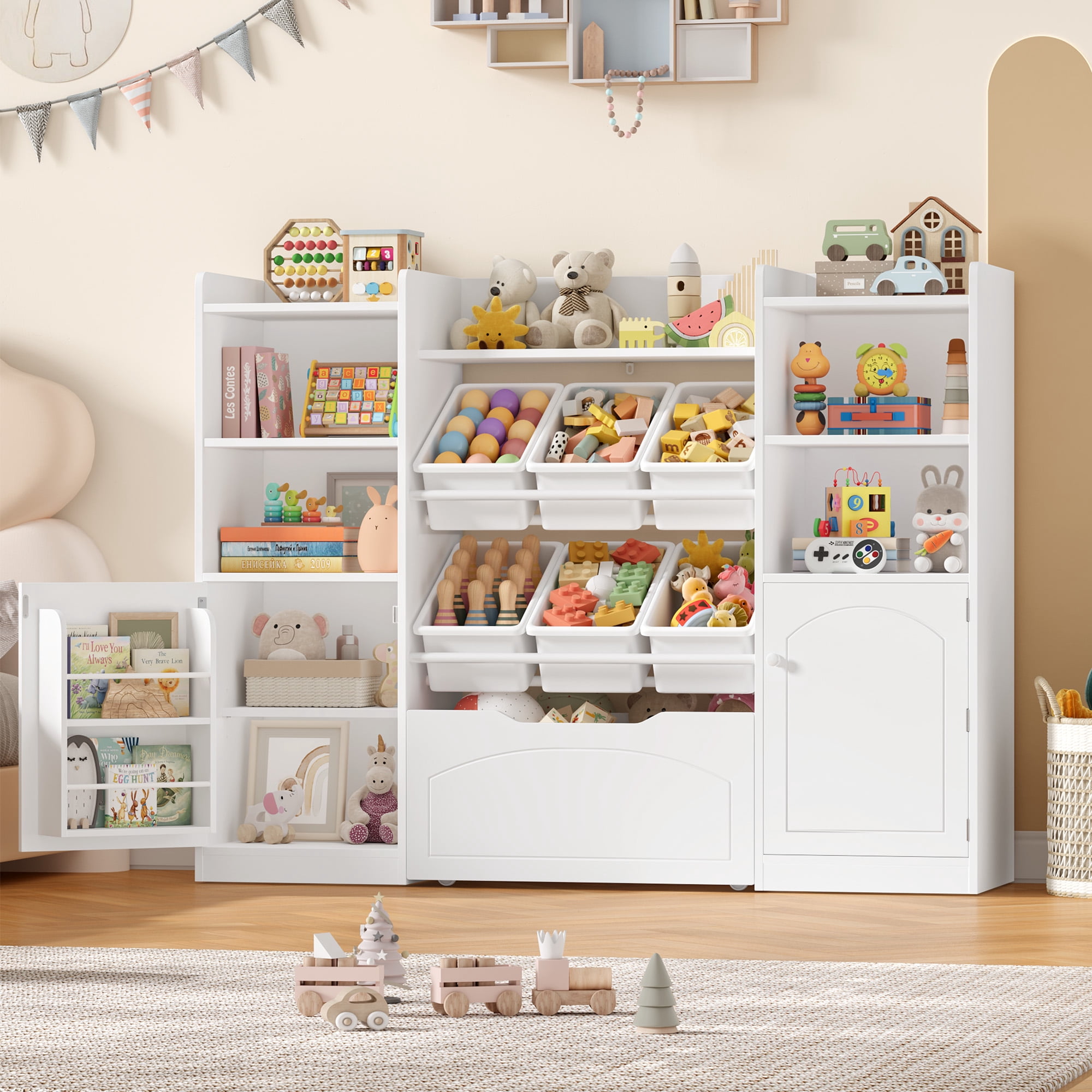 Hiphuta 55"Wide Toy Storage Organizer with Book Shelves Behind The Doors, Kids Bookcase Wood Toy Organizer of 6 Removable Boxes & 8 Storage Cubes, White