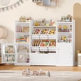 thumbnail image 6 of Hiphuta 55"Wide Toy Storage Organizer with Book Shelves Behind The Doors, Kids Bookcase Wood Toy Organizer of 6 Removable Boxes & 8 Storage Cubes, White, 6 of 8