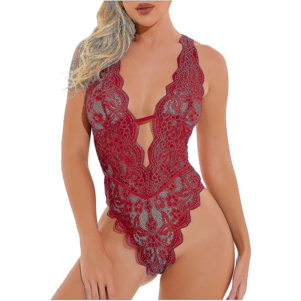 Lencería sexy, pijama sexy transparente de malla en V profundo, cabestrillo elástico de una pieza