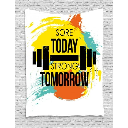 Fitness Tapestry, Sore Today Strong Tomorrow Gym Quote Typography Colorful Energetic Brushstrokes, Wall Hanging for Bedroom Living Room Dorm Decor, Multicolor, by (Best Wall Color For Home Gym)