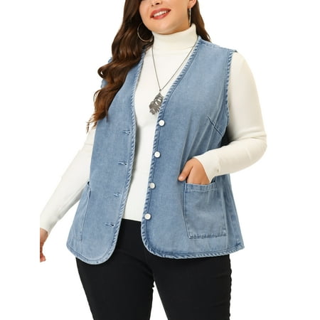 MODA NOVA Juniors Plus Size V Neck Sleeveless Button Down Denim Jacket Grey Blue 1X