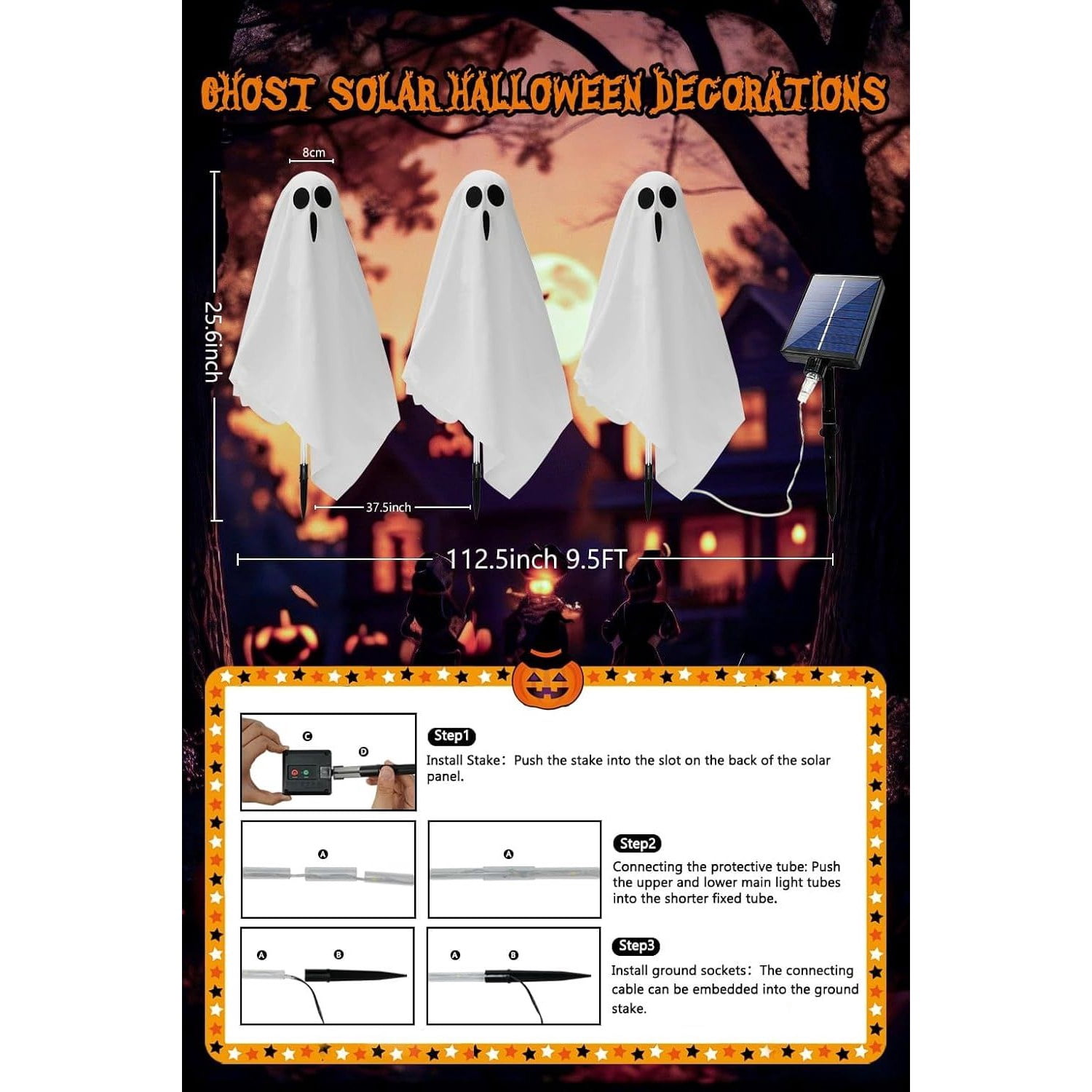 Solar Halloween Ghost Decorations, 3-Piece Outdoor Light Set with 8 Lighting Modes, Bendable Arms, Auto On/Off, 37.5 x 25.6 in