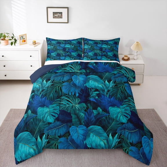 Homewish Abstract Tropical Leaves 3 Pieces Queen Comforter Set for Adults Female Men,Botanical Plants Ultra Soft Bedding Sets,Vintage Aesthetic Bedding Comforter Set Breathable