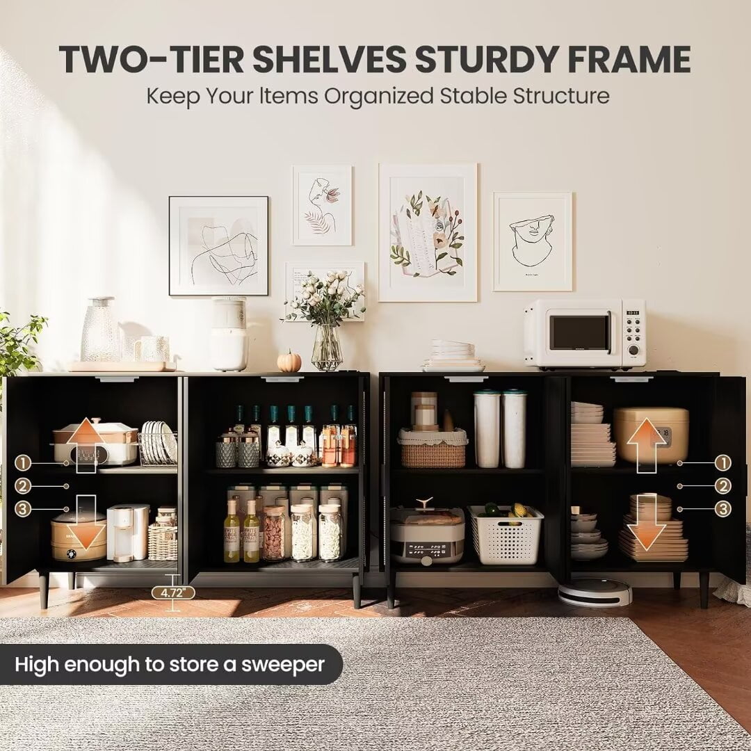 Sideboard Buffet Rattan Cabinet, Accent Storage Cabinet, Boho Large Kitchen Storage Cabinet with Power Outlet, Adjustable Shelves for Living Room, Hallway, Entryway