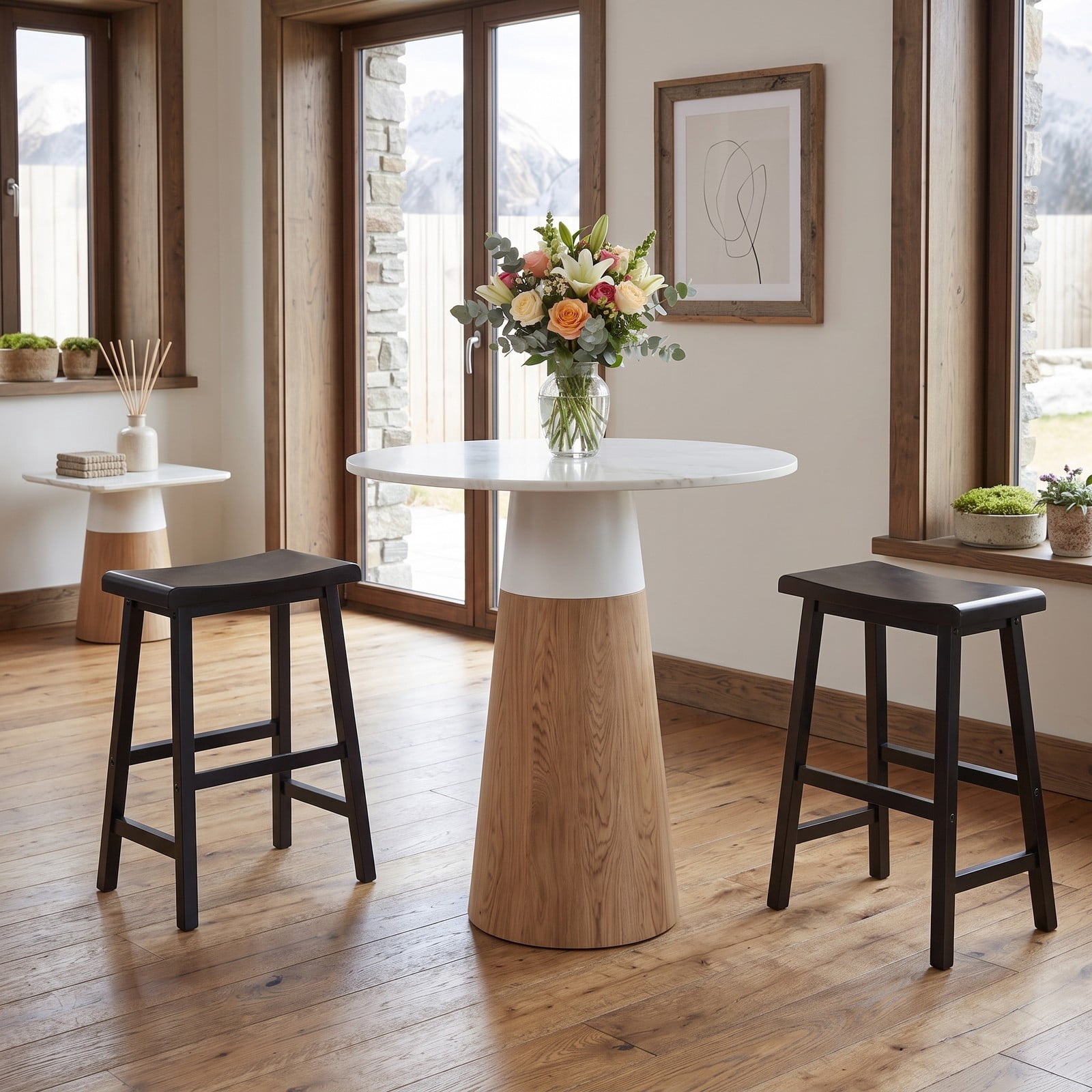 Furnibear 24 Inch Counter Height Bar Stools Set of 2, Solid Wood Saddle Backless Kitchen Island Stools with Footrest and Anti-Slip Pads, 400 lb Capacity, Black