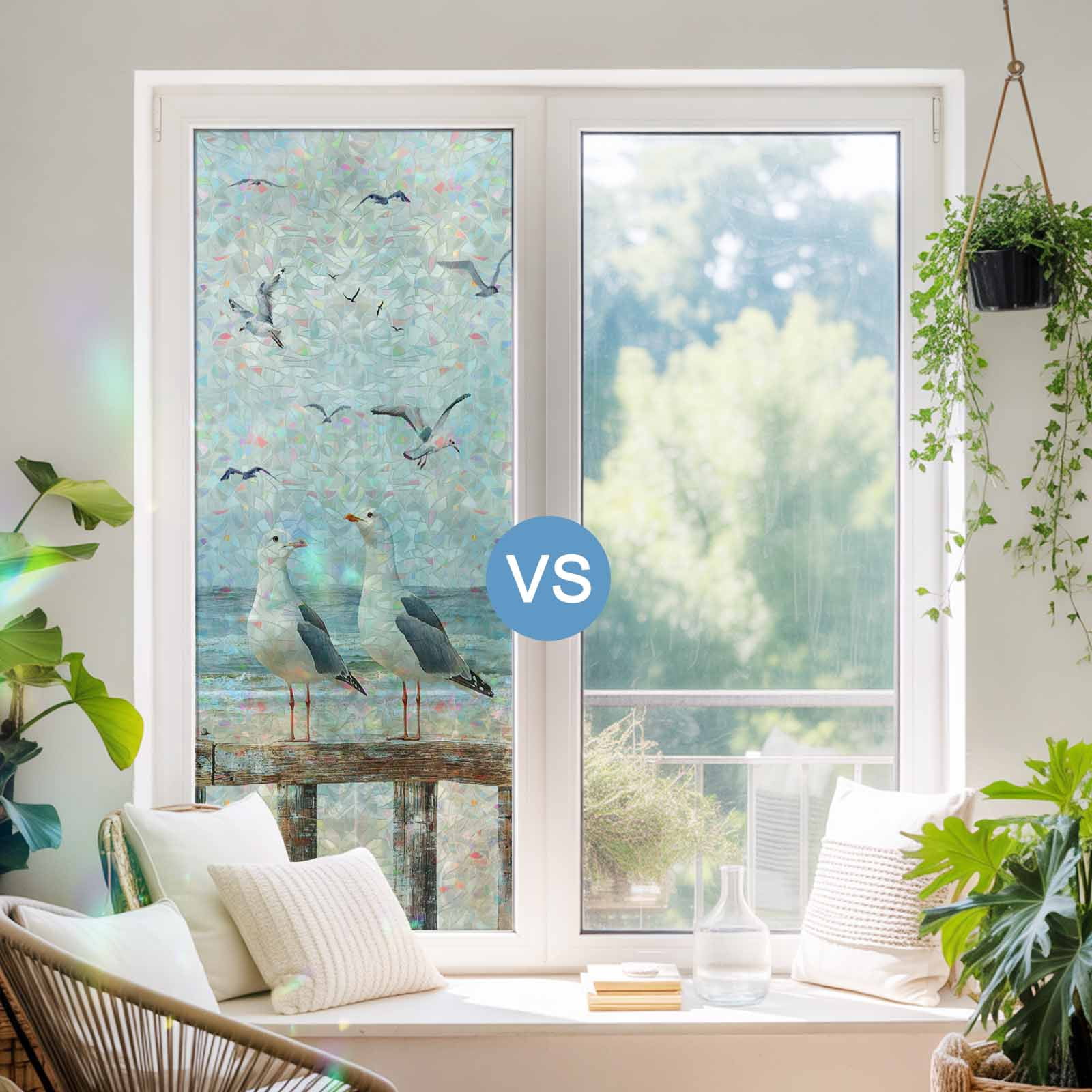 Rainbow Window Privacy Film, Coastal Seagull Static Cling Decorative Window Film PVC, Summer Beach Ocean Birds Retro No Glue UV Blocking Glass Covering, Removable Stained Glass Sticker 23.6''x59''