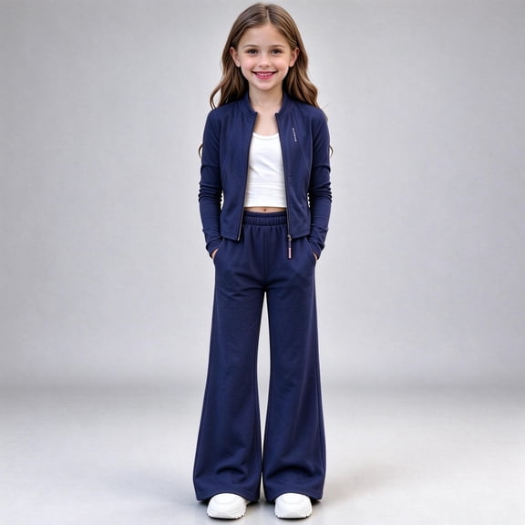 Girls Navy 2 Piece Activewear Matching Set - Crop Zip Jacket & Elastic Waist Flare Pants,Size 5-6T