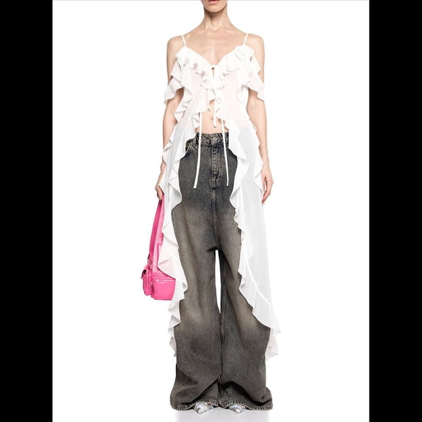 Camiseta Larga Holgada con Volantes y Abertura Frontal para Mujer, Sin Mangas, Espalda Descubierta, Tirantes Finos, Capa de , Maxi Top Sin Mangas M