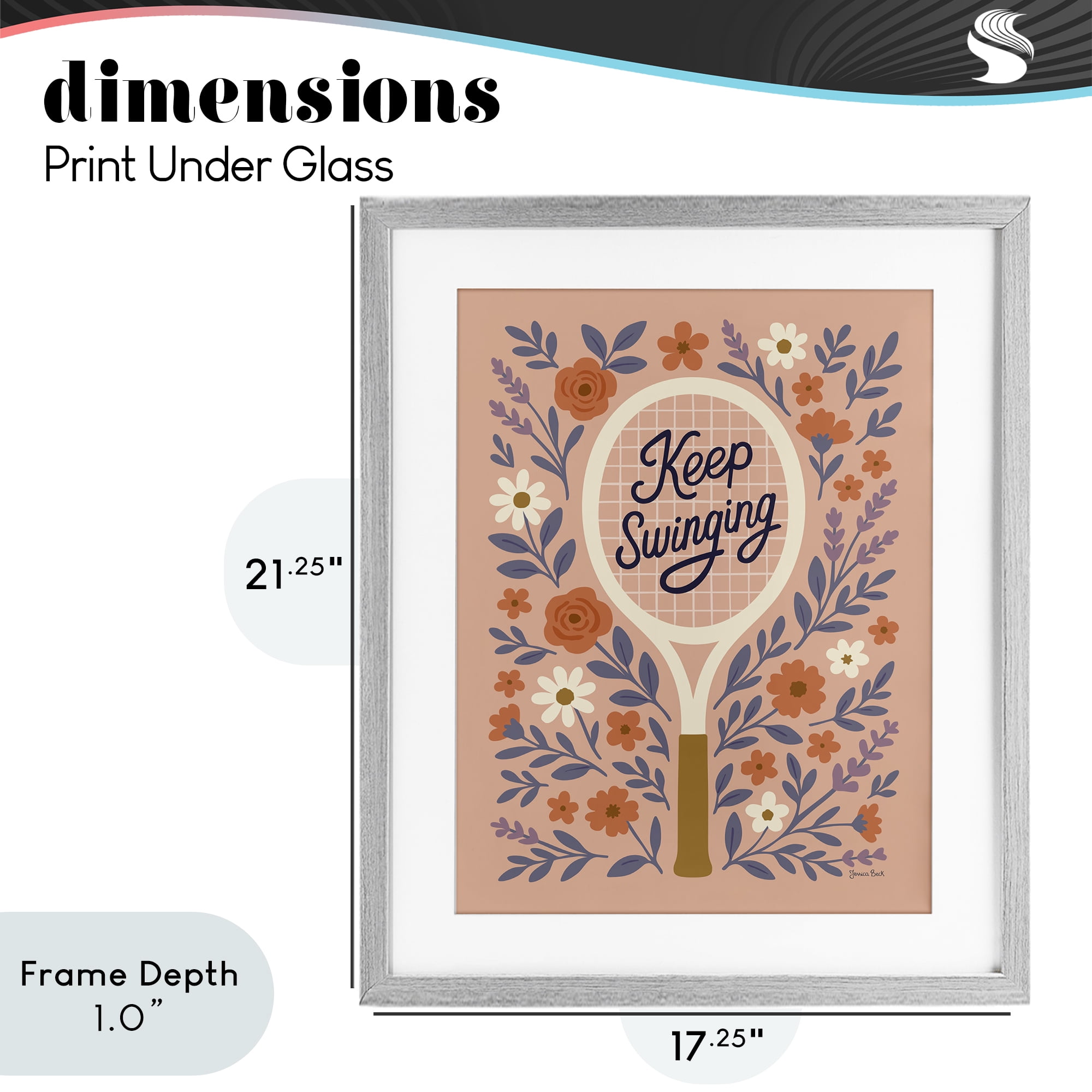 Stupell Industries Keep Swinging Floral Tennis Gray Framed Print Under Glass, design by Jessica Beck