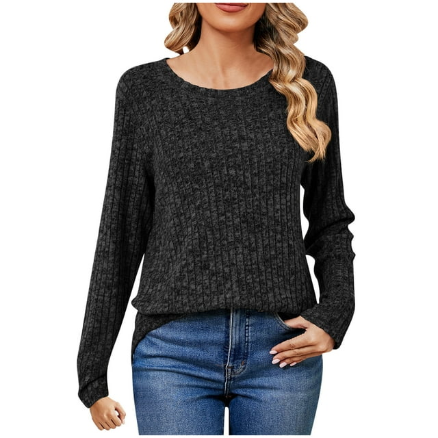 Long Sleeve Shirts for Women Crew Neck Ribbed Knit Tops Casual Lightweight Tunic Sweaters Spring Fall Fashion Clothes