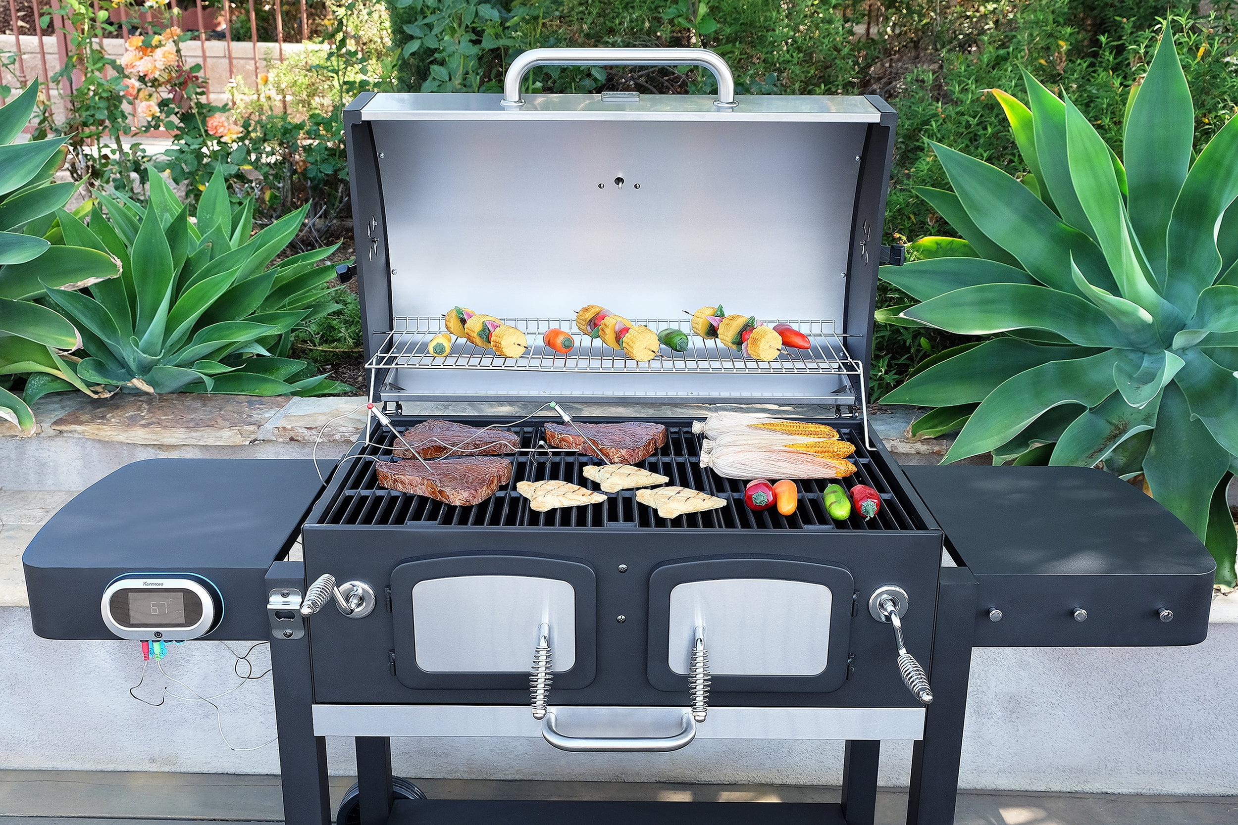 Kenmore 32-inch Smart Charcoal Grill with Bluetooth Meat Thermometer, LCD Display, and Temperature Probes, Black/Stainless Steel