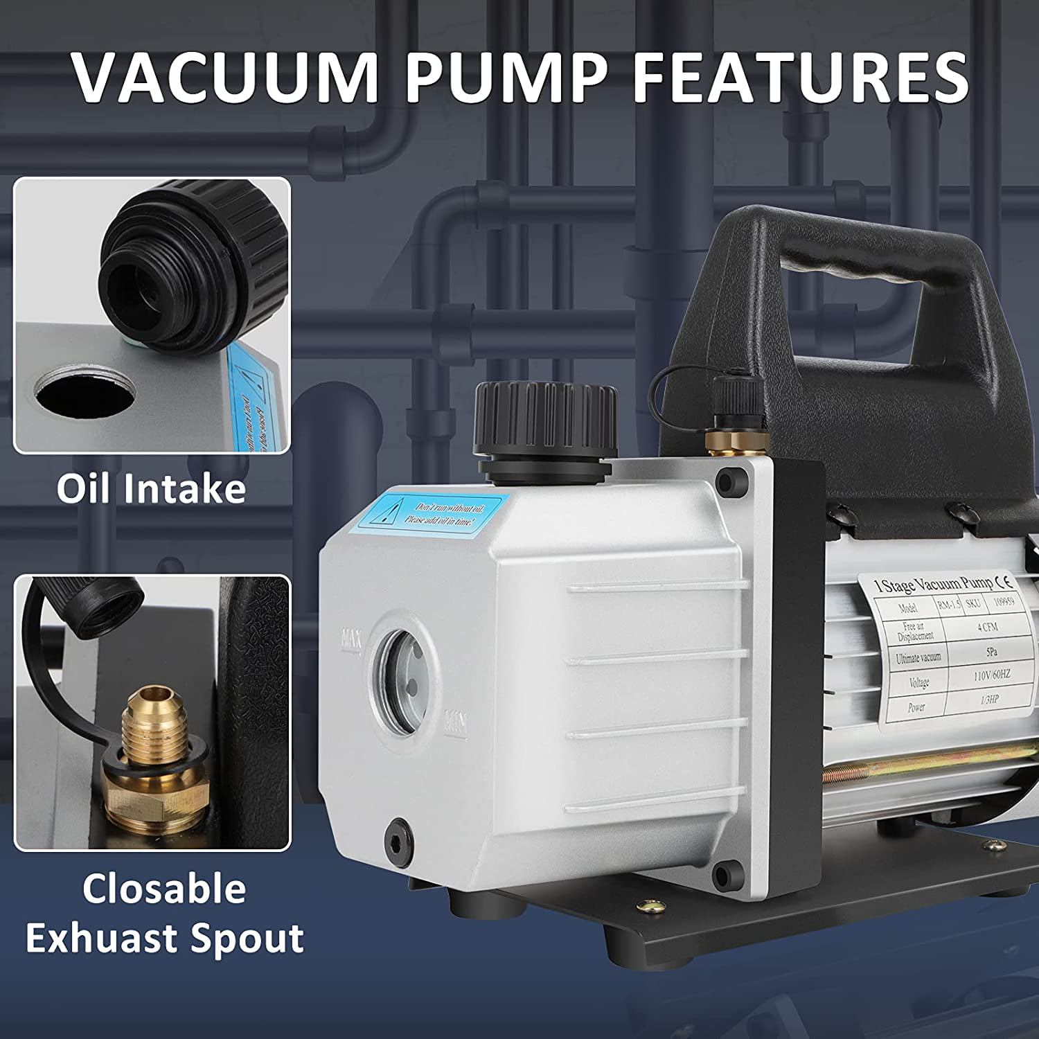 4 CFM Rotary Vane Deep Vacuum Pump 1/3HP Refrigerant 5 PA AC Air Tool 110V 60Hz Wine Degassing or Epoxy Manifold Gauge Milk and Medical Processing Durable and Reliable Pump Single Stage Pump