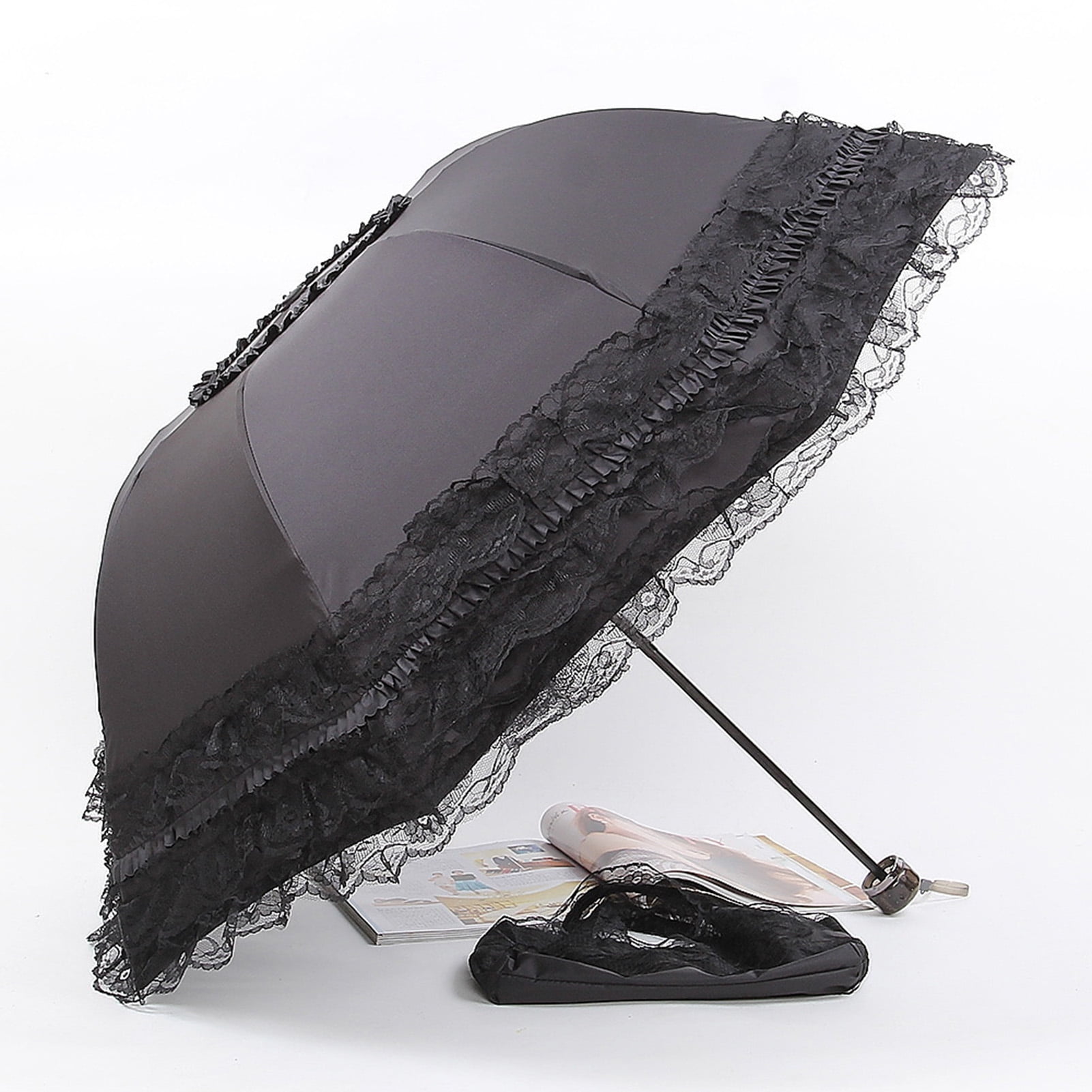 Deyuer Lace Folding Umbrella Portable Sun Blocking UV Protection Umbrella Windproof Lightweight Waterproof Travel Mini Sun Rain Umbrella Pocket Parasol