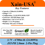 1S2P High-Capacity High-Drain 3.7V - 6700mAh Li-ion Battery Pack, with JST-PH 2-Pin Plug, 152% more power than 4400mAh, for Electronics, Solar Lights, GPS, Meshtastic Solar Node Project, Speakers