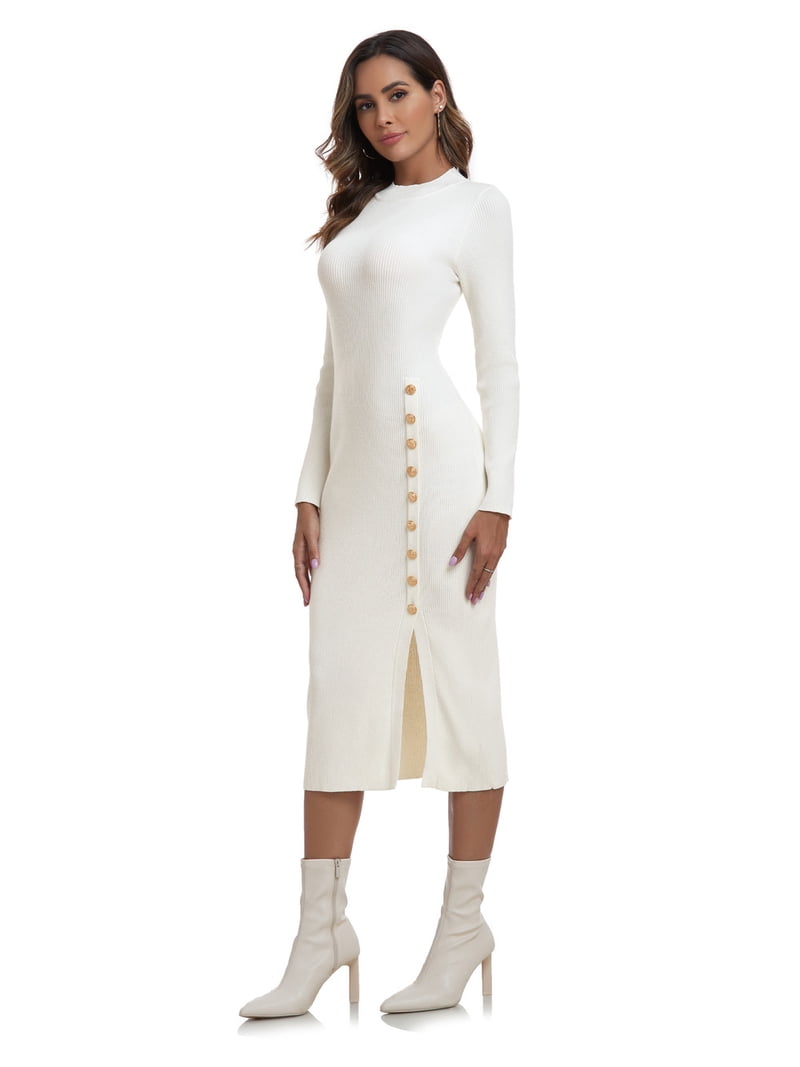 PrettyGuide Women's Mock Neck Sweater Dress Long Sleeve Fall Winter Ribbed  Knit Bodycon Slit Midi Dress with Button - Walmart.com
