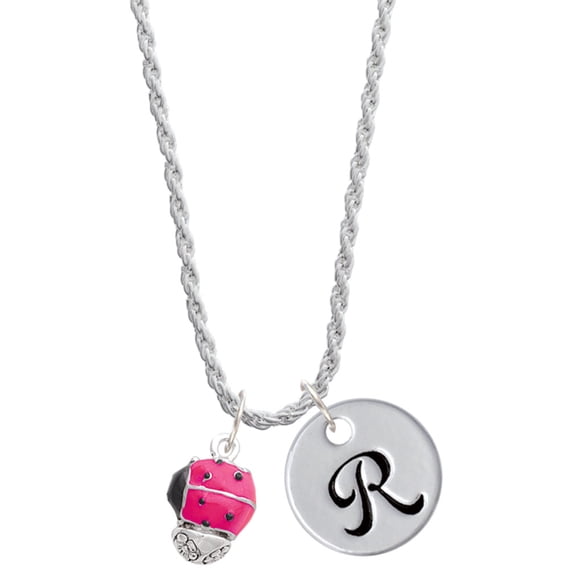 Delight Jewelry Silvertone Hot Pink Ladybug Spinner Silvertone Script Initial Disc - R - Charm Necklace, 20"+3"