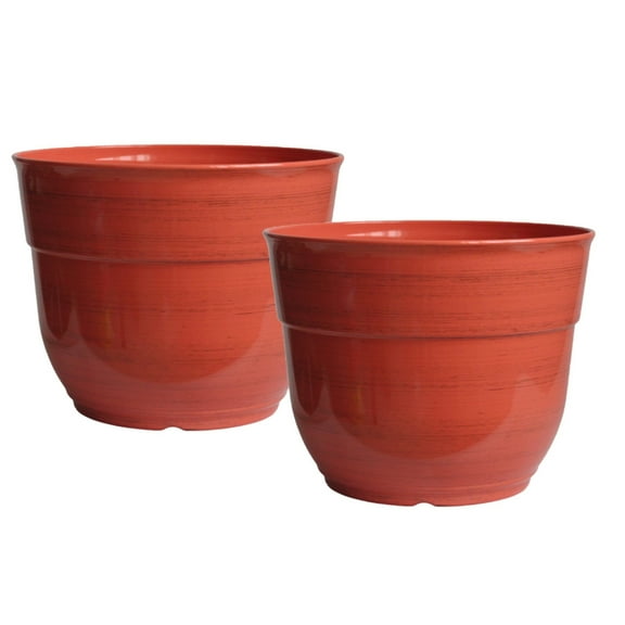 Garden Elements Indoor/Outdoor Glazed Brushed Happy Plastic Planter, Large, Earth Red 15" (Pack of 2)