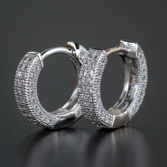 Mens Small White Gold Plated 925 Sterling Silver Fully Iced CZ Hoop Earrings