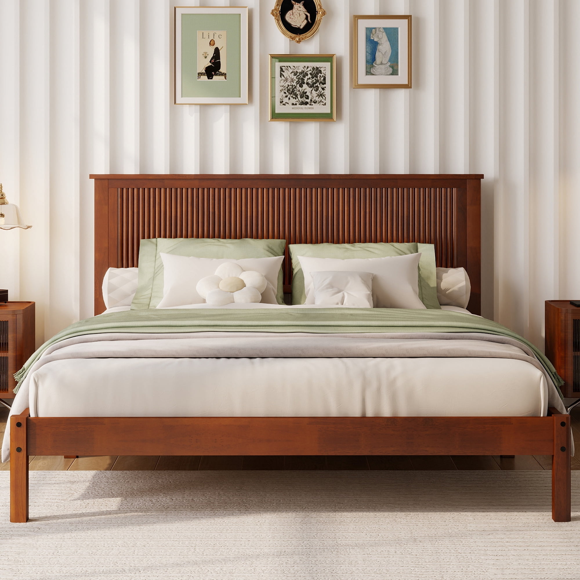 Miniyam Queen Size Wooden Platform Bed Frame with Headboard, Fluted Wave Design, Walnut