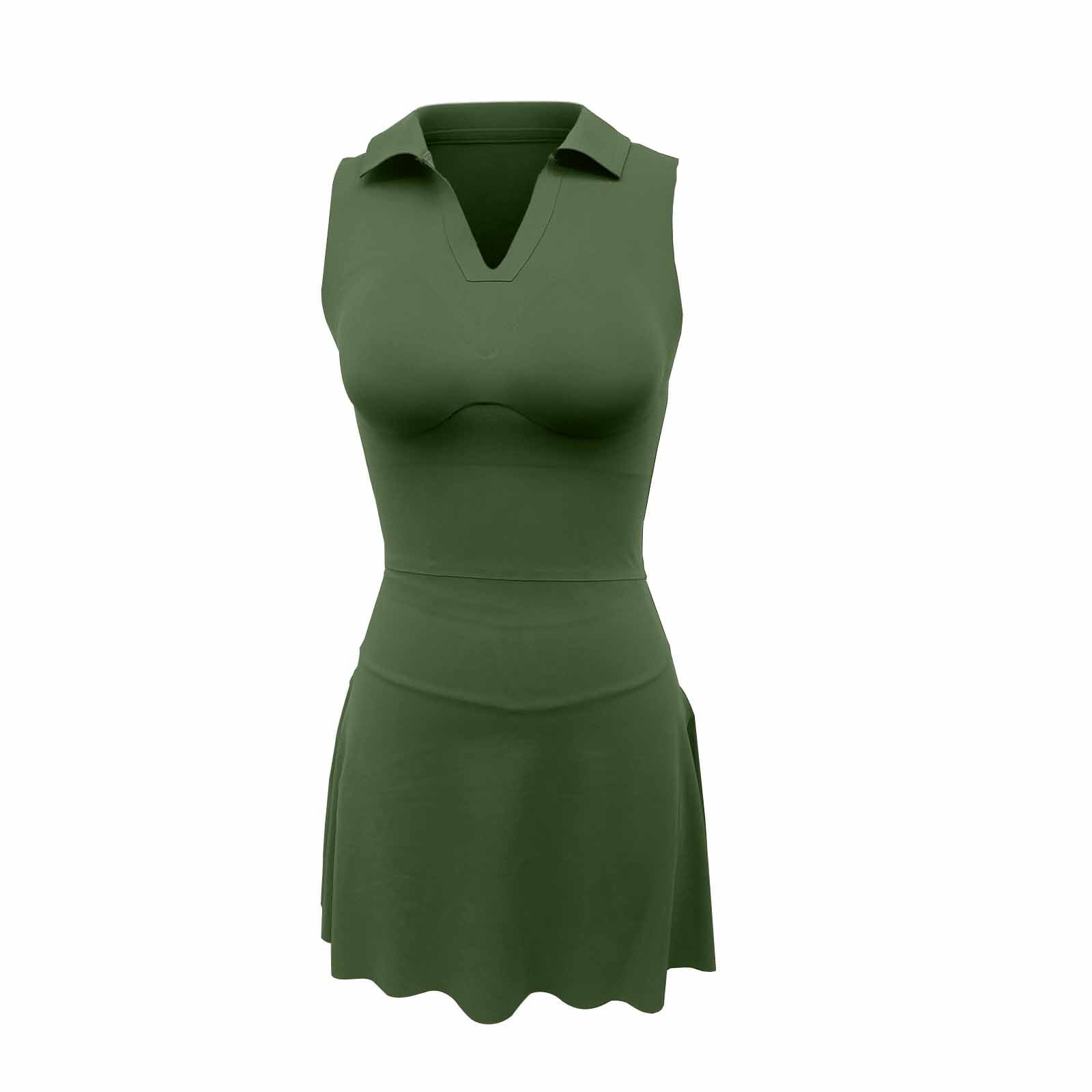 Womens Athletic Mini Dress Built in Shorts Sleeveless Tennis Workout Summer Crewneck Mini Romper Sleeveless Dress with Pockets (Green,B)