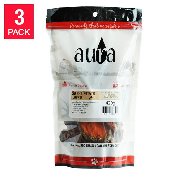 Aura Gâteries pour Chiens à Mâcher à la Patate Douce, 3 x 420 g (14,8 oz)